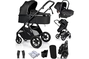 For Your Little One Cruise 3-in-1 Travel System with i-Size Car Seat, Stroller with Carrycot, 13kg Pram, Height Adjustable Handle, Pram, Newborn 0-4 Years Free Raincover and Cupholder (Eclipse Black)