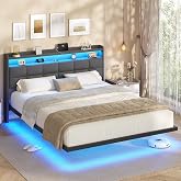 AOGLLATI Double Bed 160 x 200 cm with Levitating Visual Effect, Bed Frame with LED and Charging Station, Bed with Padded Head