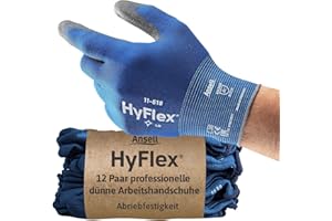 Ansell HyFlex 11-618 Mechanics’ Nylon Gloves, Abrasion-Resistant Protective Gloves with PU Coating, Safety Gloves for Precision Work, Touchscreen Work Gloves, 12 Pairs, Size L