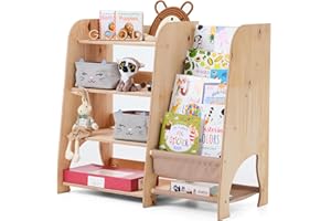 Goodevas Libreria per bambini, elegante libreria in legno per bambini, dal design unico, organizer per giocattoli sicuro e funzionale, per camera da letto, stanza dei giochi e cameretta (beige,