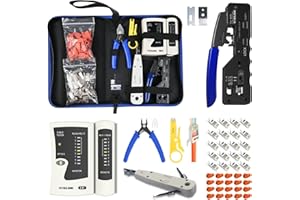 VCELINK Netzwerk Werkzeug Set, RJ45 Crimpzange mit 20 x RJ45 Stecker Cat7/Cat6a Pass Through, Netzwerktester, LSA Auflegewerkzeug, Abisolierzange, Profi RJ45/RJ11/RJ12 Reparaturwerkzeuge, Stofftasche