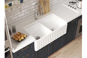 MEJE Fregadero de cocina de 33 pulgadas, doble tazón 50/50 reversible, fregadero granja de arcilla blanca de porcelana granja calibre 18, fregadero frontal delantal, con coladores y rejillas inferiores