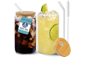 HEFTMAN Glaskoppar med lock och sugrör – 2-pack, 480 ml burkformade