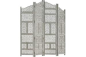 Keketa Hand carved Panel Screen with 4 Panels, Folding Room Divider, Wooden Room Partitions Screen Indoor Outdoor Bedroom Office Patio Privacy Grey 160x165 cm Solid Mango Wood
