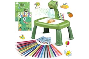 KONIJIWA Proyector de Dibujo de Dinosaurios para Niños con 72 Patrones Proyector Infantil con Lápices,Crayones,Libro de Recortes,Libro de Pegatinas,Pegatinas de Dinosaurios,Sello Mesa de Pintura Infantil