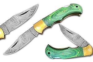 Novahaven Damascus Steel Pocket Knife - Folding Knife for EDC, Hunting, Camping & Survival with Wood, Bone or Resin Handle - Outdoor Gift Knife (Multiple Colours) (Greenwood)