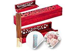 ESTHELAR SELECT Pack para Regalar: Porta Incienso de Madera Tallado a Mano + 20 Varillas Fragancia a Rosas | Inciensario Artesanal para Varillas y Conos | Regalo Romántico y Espiritual + Envoltorio de Regalo