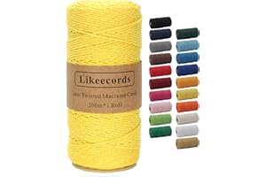 Likeecords Makramee-Schnur 2 mm x 220 Yards, farbiges Makramee-Seil, Baumwollseil, Makramee-Garn, Bunte Baumwoll-Bastelschnur zum Aufhängen, Pflanzenaufhänger, Basteln, Stricken (Gelb)