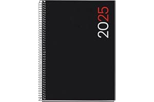 Miquelrius - Agenda 2025, Agenda anual 155x213 mm, Agenda día página, Cubierta flexible polipropileno, Espiral, Papel 80 g/m², Español, Inglés y Portugués, Color negro