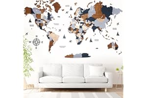 WOW WOOD® Mappa del Mondo in Legno 3D in Italiano - Premium Wall Decor Premium Wall Decor | Montaggio a parete senza attrezzi | Idea regalo per ogni ricorrenza (113.00 x 213.00 cms, Marrone scuro)