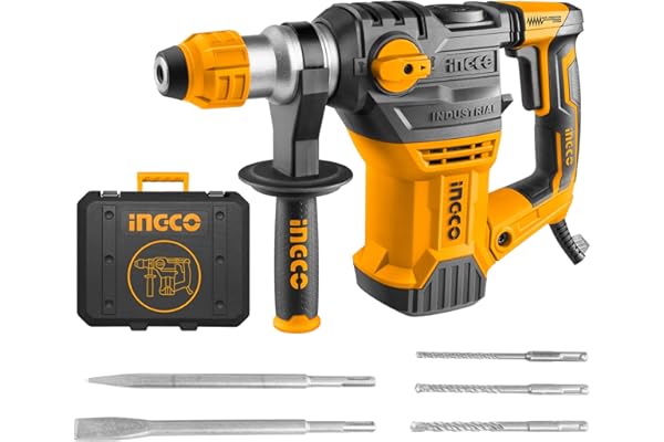INGCO Rotary Hammer, SDS-Plus Heavy Duty Rotary Hammer Drill 220 Volts 1500W 4400bpm 5.5J with Vibration Control and Safety Clutch Including 3 drills and 2 chisels with Case, Yellow