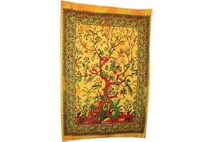 AVA Collections Tapisserie murale arbre de vie jaune en tissu coton bohème bohème hippie gitan décoration de chambre de dortoir (jaune, 215,9 x 137,2 cm)