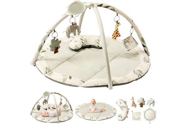 Fortella Tapis d'éveil Bébé, Thème Naturel, Arche amovible, Tapis de Jeux avec 5 Jouets d'activité et un coussin, Cadeau pour nouveau né, enfant, fille et garcon, Dès la Naissance, 0-3-6-12 Mois(Vert)