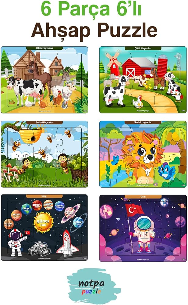 kutuTR Çocuklar İçin Eğitici Ve Öğretici Ahşap 6 Parça 13x17 Renkli Puzzle 6'lı Set-603, 8692016027182