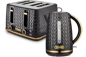 Tower Empire Kitchen Set, 1.7L Rapid Boil Kettle and 4 Slice Toaster, Black with Brass Accents, T10052BLK & T20061BLK