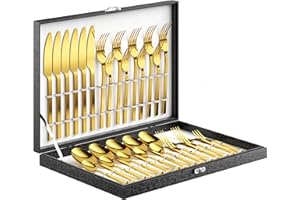 Velaze Besteck Set 12 Personen, Besteck Gold mit Geschenkbox, 2 X 30-teiliges Besteckset 18/10 Edelstahl, Bestecksets mit Messer, Löffel und Gabel, Spiegelpoliert und Spülmaschinenfest