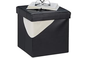 relaxdays Pouf Contenitore Pieghevole, Puff Imbottito & Rivestito in Pelle Finta, 40 L, Sgabello Poggiapiedi, Nero, Pannelli MDF, PVC, gommapiuma, 1 pz
