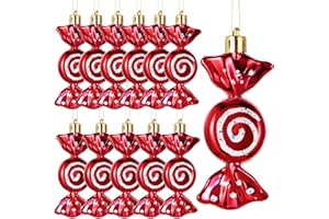 Threan 12 Adornos Navideños de Caramelos Adornos Colgantes de Bastones de Caramelo con Purpurina Adornos de Menta y Caramelo para Árbol de Navidad con Cuerdas Doradas (Rojo)