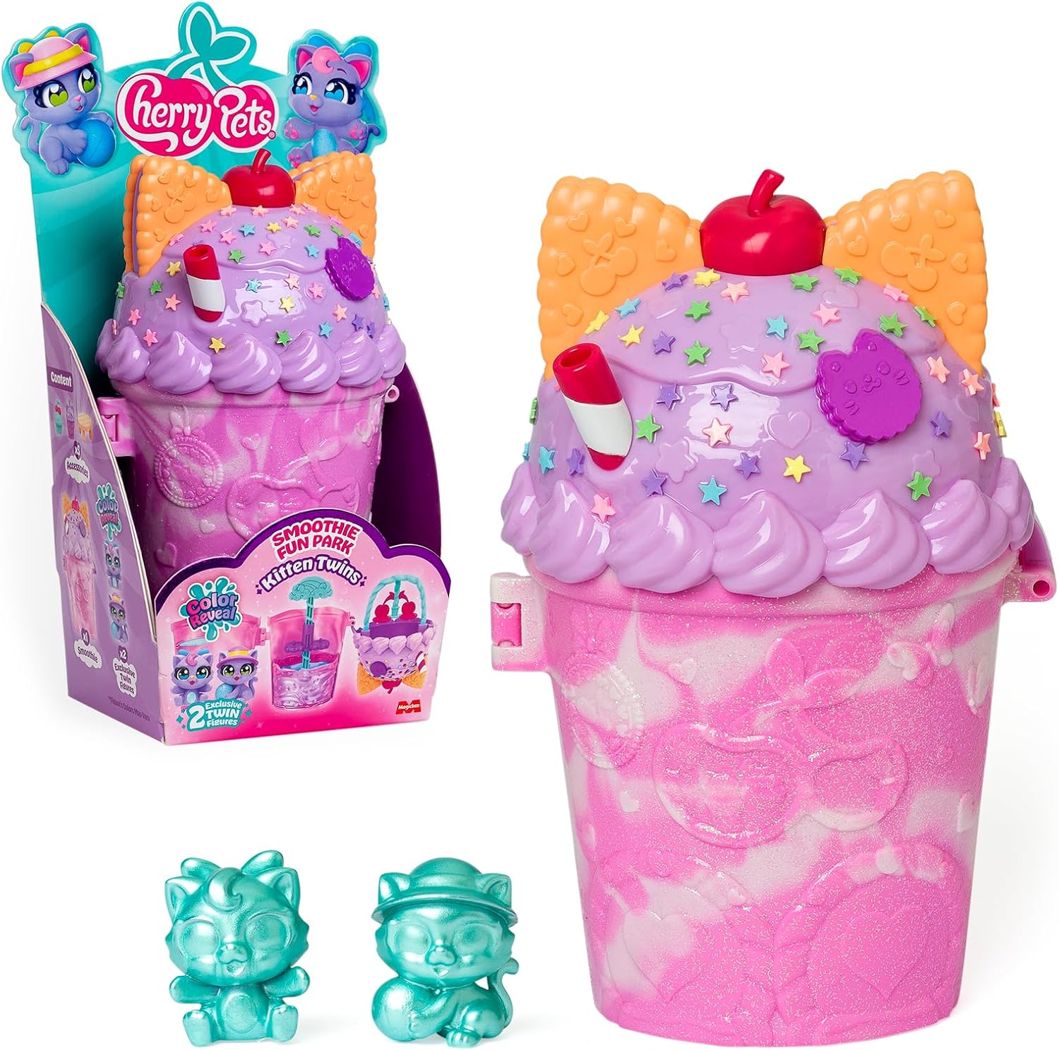 Cherry Pets – Smoothie Fun Park Kitten Twins. Casita con Parque de Atracciones en Forma de Smoothie: Incluye 1 Smoothie, 2 Figuras exclusivas “Color Reveal” y 3 Accesorios
