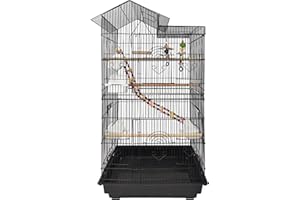 LILIIN Papageienkäfig Vogelkäfig Vogelvoliere Vogelhaus Metall Käfig Großer Vogelhaus mit Spielzeug, Rollen, für wellensittich Finken Kanarienvögel, Schwarz, 46x35,5x99cm, mit Dach
