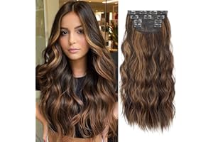 ALILEADER Brown Hair Extensions Clip in, 20 Inches Long Synthetic Curly Clip in Hair Extension for Women and Girls (Dark Brown with Mix Light Brown Highlights, 4pcs)