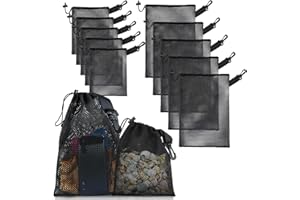 Raweao Klein Netztaschen mit Kordelzug und Clip, Schwarz Netzbeutel Klein Beutel mit Kordelzug, Taschen Mesh Bag Kordelzugbeutel für Reisen Strand Spielzeug(12 Stück)