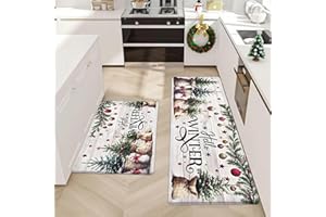 Alishomtll Christmas Kitchen Mats 2 Pcs, Non-Slip Washable Christmas Winter Rugs, Waterproof & Oil-Resistant Long Kitchen Floor Mats, Anti-Fatigue PVC Rugs for Kitchen Floor Home Office 44x75+44x120cm