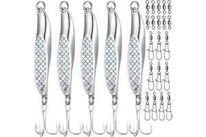 Realure 5 Pcs Metal Sea Fishing Spinners Lures with Trebles Hooks Set Including 20 Pcs/2Types Rolling Swivels and Clips 7cm & 21g Metal Jigs Sequins Fishing Spoon Lures Hard Baits for Sea Bass
