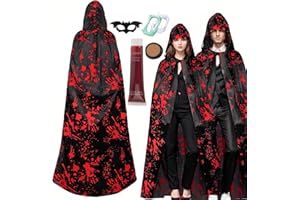 DUOLEEY Mantello Halloween, Costume halloween Uomo Donna Mantello Nero con Impronta di Mano Insanguinata Maschera Pipistrello,Sangue Finto, Cera Cicatriziale, denti da vampiro,Vestito Halloween Vampiro (L)