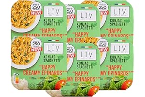 LIV HAPPY FOOD LÏV Happy Food - Plat Cuisiné Individuel HAPPY Creamy Epinard aux Spaghettis de Konjac - Pâtes sans gluten - Plante Konjac & Farine d'Avoine - Gluten Free, Faible en calorie - 6x300g