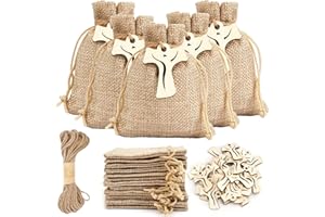 NAEBRO 30 Bolsitas de Yute para Regalos Bolsas de Tela Saco Pequeñas 10 x 8cm+30 Colgantes de Madera 1 Cuerda de Yute de 10m, Bolsa de Arpillera Natural Saquitos de Yute para Joyas, Especias, Boda, Fiesta