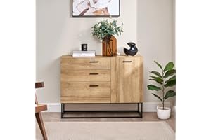 [en.casa] Aparador Lavangen Mueble de Salón con 3 Cajones y 1 Estante Regulable en Altura Estructura de Metal 75 x 100 x 35 cm - Efecto Roble y Negro