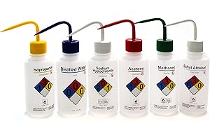 LABBOX KENZIUM - Confezione 6 x Spruzzette di Sicurezza | 500 ml | Acetone, Etanolo, Metanolo, Isopropanolo, Acqua Distillata, Ipoclorito di Sodio | Collo Stretto | Ideale Laboratorio ed Educazione