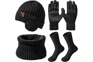 wokdsbl 4Pcs Mens Hat Scarf Gloves Set with Socks Black – Winter Thermal Beanie Hat, Neck Warmer, Touch Screen Gloves and Warm Knit Socks, Mens Gift Set for Cold Weather Outdoor Sports