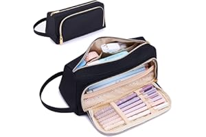 KALIDI Big Capacity Pencil Case 2 Compartment, Pen Pouch Bag Holder School Supplies Large Stationery Storage with Handle Middle Office Organizer for Girl Student Teens Adult, Black, One Size (TXBD26)
