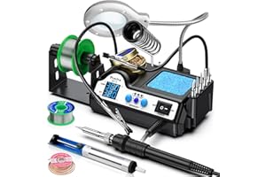 Soldering Iron Kit, Preciva 927IV Solder Station with Magnifiers and 2 Helping Hands, 130W Dual LCD Digital Display, 90-480℃ Temp Adjustable with 5 Tips, Sleep Function and Thermostat Control