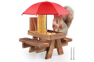 CPROSP Squirrel Feeder with Umbrella, Wooden Squirrel Feeder for Hanging, Squirrel Feeding Station Made of Screwed Solid Wood, Light