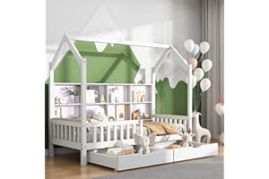MOIMHEAR Cama Infantil de 90 x 200 cm con protección anticaídas, Cama Juvenil de Madera Maciza en (Blanco+2 Cajones+Estante de Almacenamiento)