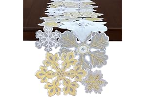 Grelucgo Machine Embroidered and Hand Cut Silver and Gold Winter Snowflakes Table Runner for Christmas Holiday (14 x 69 inches)