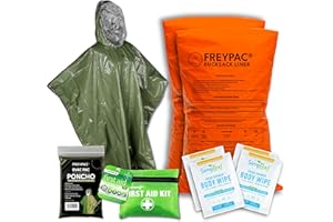 FREYPAC Camping Essential Survival Bundle with 2 XL Waterproof Rucksack Liners, Rain Poncho, Shower Body Wipes, First Aid Kit, Perfect for Hiking, Trekking, Festivals