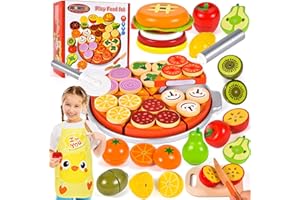 Atoylink Dinette Enfant en Bois Fruit et Legume Jouet a Decouper Pizza Hamburger Tablier Accessoire Cuisine Enfant Jouet en Bois Jeu éducatif Cadeau Anniversaire pour Garçons et Filles de 3 4 5+ Ans