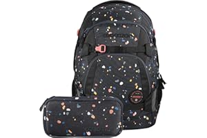 coocazoo School Backpack Set Mate Ergonomic 30L Satchel Height Adjustable for Children from 5th Grade Includes Pencil Case & Colour UP Set, Sprinkled Candy - Black, Sprinkled Candy