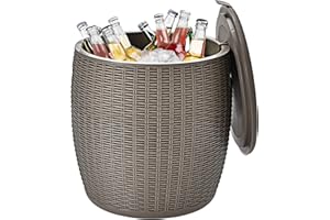 COSTWAY Mesa Nevera Capaciadad de 45L para Jardín Mesa Auxiliar con Gancho,Asa,Tapa Extraíble y Orificio de Drenaje para Fiesta Boda (Marrón Claro)