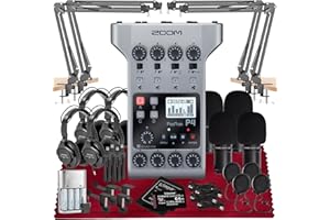 SONICSOUND TECHNOLOGIES Zoom PodTrak P4 Portable Multitrack Podcast Recorder, Audio Interface w/ 4 Mic Inputs, 4 Headphone Outputs with 64GB SD, 4X Zoom Podcast Mic Pack, 4X Pop Filter Set, 4AA Rechargeable Batteries & More