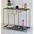 Samdecors Solid Wood Kenny Multipurpose Console Hall Table with Two Shelves in Black Finish and Iron Frame in Golden Finish