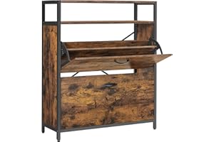 VASAGLE szafka na buty z 2 klapami, półka na buty, wywrotka na buty, skrzynia na buty z 2 przedziałami, półki na buty, do przedpokoju, na 10-16 par butów, oszczędność miejsca, 80 x 30 x 95 cm, vintage brązowo-czarny LBS801B01