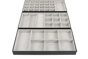 BELLE VOUS (Confezione da 3 Vassoio Porta Gioielli Impilabili in Ecopelle Nera - 18 x 36 x 3,6 cm - Porta Anelli, Porta Gioie, Porta Orecchini, Porta Bracciali Espositore