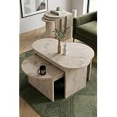 Reyo Falez Setro 5'li Sehpa Seti, Traverten Desenli, Modern Stil, 2 Orta Sehpa ve 3 Zigon, Beyaz, İ&ccedil; İ&ccedil;e Ge&ccedil;ebilir Tasarım