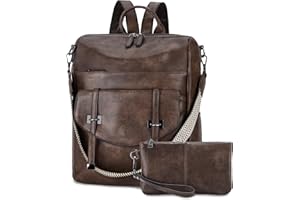 Kasgo Sac a Dos Femme Cuir PU, Grand Set de Sac à Main Porté Dos 14 Pouces Multi-poches Élégant Convertible Antivol avec Pochette pour Voyage Travail