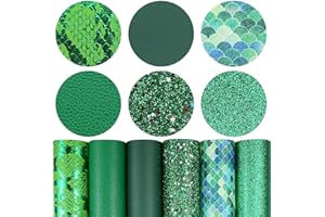 6 Pieces/Set 8x12 Inch (21cmx30cm) A4 Bundle Leather Sheets Mixed Green Series Sparkle Fine Chunky Glitter Litchi Mermaid Scale Snake Skin Faux Leather Fabric for Bow Earring Making DIY Craft